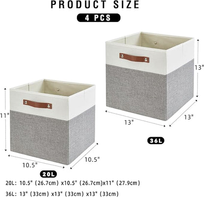 Bagnizer Collapsible Fabric Storage Cube Bins with 2 Reinforced PU Handles, Foldable Storage Organizer Baskets for Closet, Shelves, Living Room | 11"x11"x11", 4 Pack, Gray & White