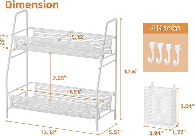 VITVITI 2-Tier Bathroom Organizer Countertop, Metal Wire Mesh Bathroom Counter Organizer Storage with Basket Hooks, Vanity Tray Shelf, Kitchen Spice Rack, Small White