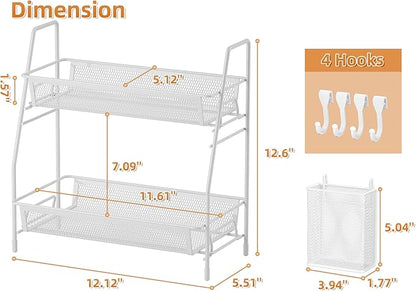 VITVITI 2-Tier Bathroom Organizer Countertop, Metal Wire Mesh Bathroom Counter Organizer Storage with Basket Hooks, Vanity Tray Shelf, Kitchen Spice Rack, Small White