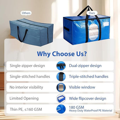 4 Pack Extra Large Moving Bags, Heavy Duty PE Woven Storage Totes with Visible Window & Wrap Around Handles, Reusable Space-Saving Alternative for Home Relocation & Storage