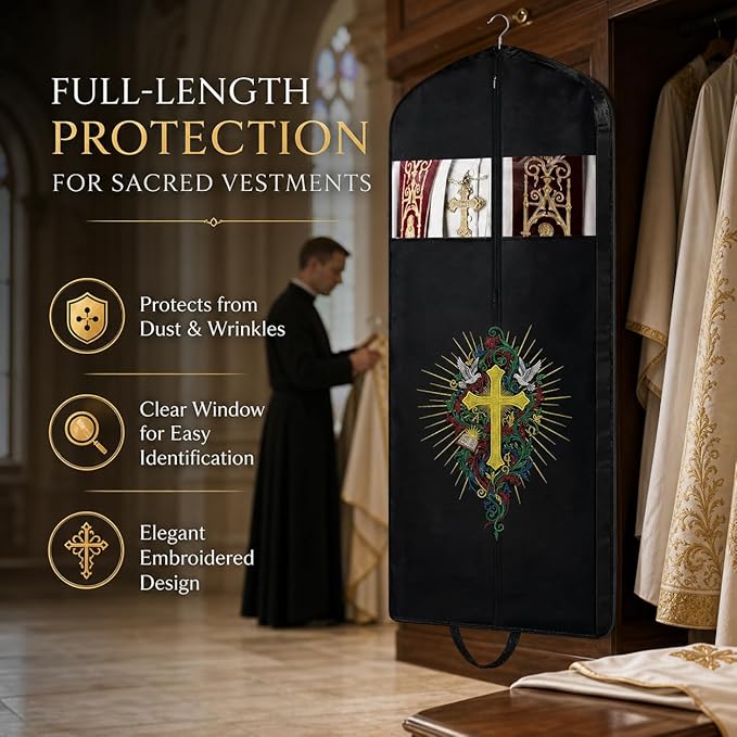 Clergy Robe Garment Bag, Black Vestment Cover for Hanging Clothes, Deacon Preacher Travel Storage Bag (Black, 60 Inch)