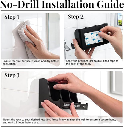 Soap Holder for Shower Wall, 3-Compartment Soap Dish for Shampoo, Conditioner and Body Soap, Fast Draining & Rust-Proof & Heavy Duty, Ultra-Strong Self Adhesive & Freestanding (Black, Label)
