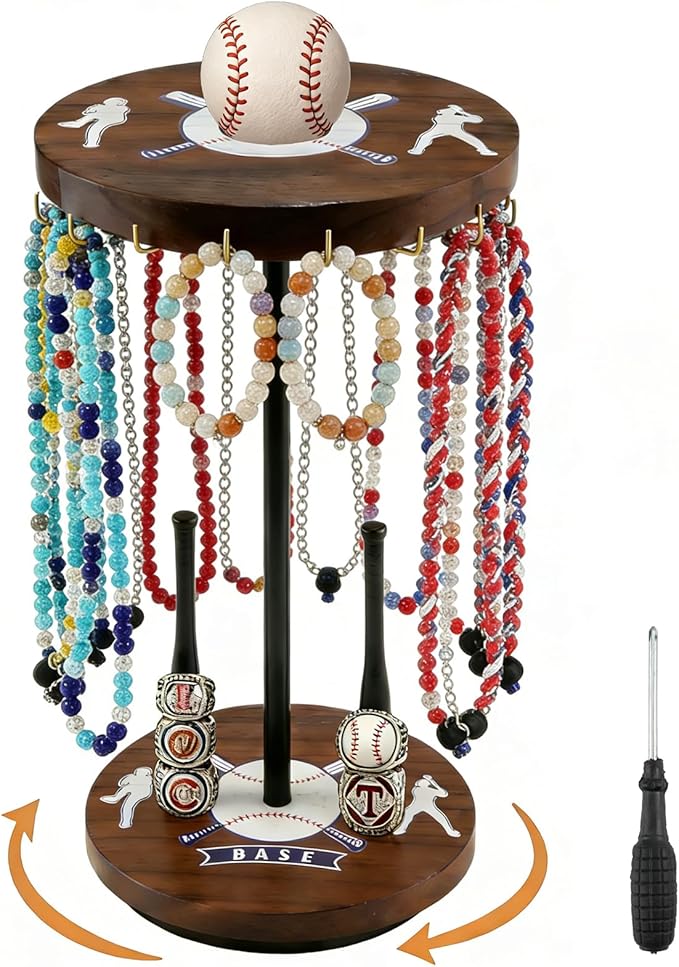 Baseball Drip Holder & Championship Ring Display - Baseball Jewelry Stand for Men with 18 Hooks, 360°Rotating Baseball Necklace and Ring Holder, Perfect Gifts for Baseball Players and Lovers