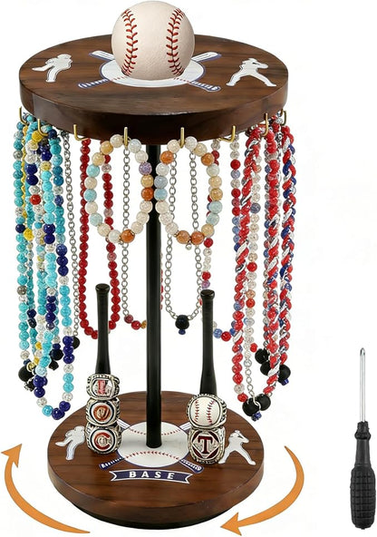 Baseball Drip Holder & Championship Ring Display - Baseball Jewelry Stand for Men with 18 Hooks, 360°Rotating Baseball Necklace and Ring Holder, Perfect Gifts for Baseball Players and Lovers