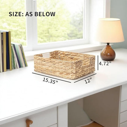 YAHUAN Water Hyacinth Storage Baskets for Organizing Drawer Basket With Handle Square Shallow Basket Wicker Baskets for Shelf (Original)