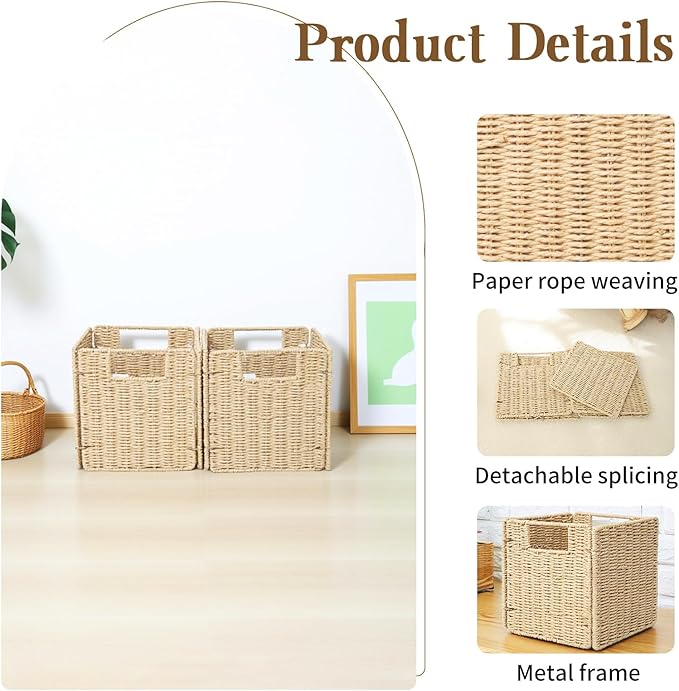 YAHUAN Foldable Paper Rope Storage Cubes 9X9 Hand Woven Wicker Storage Bins Square Basket Storage Basket for Shelves (Paper rope)