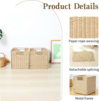 YAHUAN Foldable Paper Rope Storage Cubes 9X9 Hand Woven Wicker Storage Bins Square Basket Storage Basket for Shelves (Paper rope)