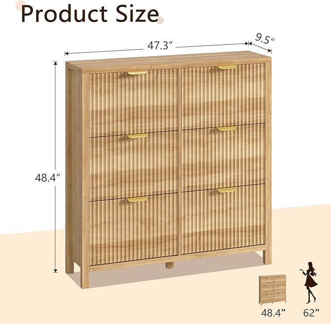 YOMILUVE 47.3" Shoe Cabinet Storage for Entryway, Fluted Shoe Cabinet with 6 Flip Drawers, Slim Shoe Rack Freestanding Wooden Shoe Organizer with Legs for Hallway, Oak