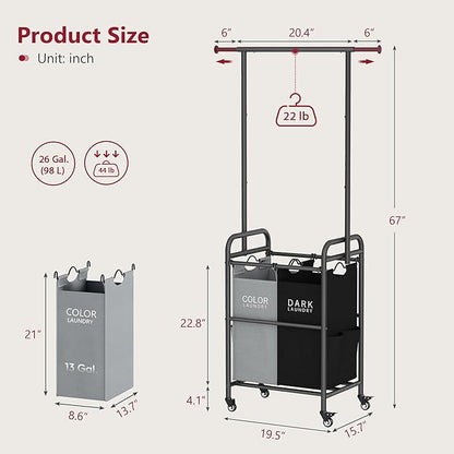 Tajsoon Laundry Sorter with Hanging Bar, 2 Section Laundry Hamper with Lockable Wheels and Removable Bag, Black & Gray