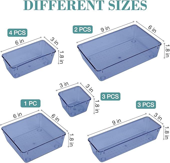 StorMiracle 13 PCS Drawer Organizer Set, 5 Varied Size Bathroom and kitchen Drawer cabinet organizer Trays, Clear Storage Bins for Makeup, Jewelry, Utensils and Gadgets, Dark Blue