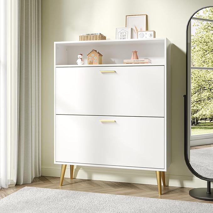 JOZZBY Shoe Cabinet Storage for Entryway, Freestanding Slim Shoe Organizer Cabinet with 2 Flip Drawers, Narrow Shoe Rack with Open Shelves for Hallway, Living Room, White