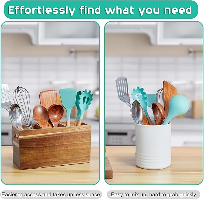 ALELION Acacia Wood Utensil Holder Organizer for Counter - Large Wooden Utensil Caddy for Countertop - 3 Compartment Cooking Tool Holder for Spatula - for Farmhouse Kitchen Decor and Accessories