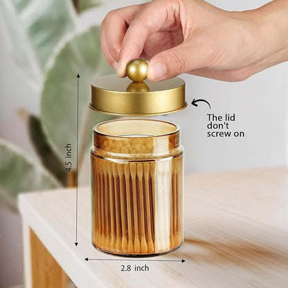 Amolliar Bronze Glass Apothecary Jar With Metal Lid & Stickers, Bathroom Qtip Dispenser Storage Canister, Perfect for Cotton Balls, Cotton Swabs, Makeup Pads, Bath Salt, Floss, 2 Pack(Gold)