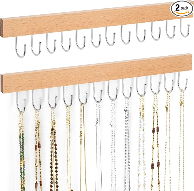 ZEDODIER 2 Pack Necklace Organizer Wall Mount, Wooden Jewelry Hanger Necklace Holder with 24 Hooks,Hanging Jewelry Organizer, Natural