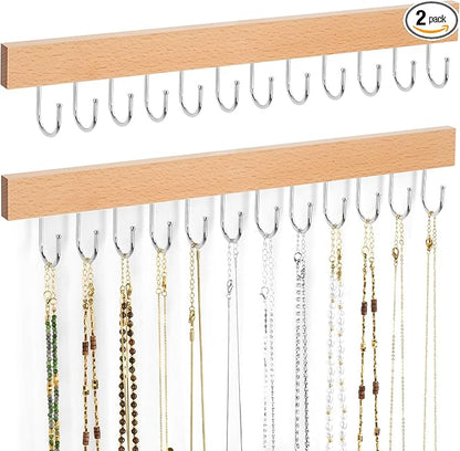 ZEDODIER 2 Pack Necklace Organizer Wall Mount, Wooden Jewelry Hanger Necklace Holder with 24 Hooks,Hanging Jewelry Organizer, Natural