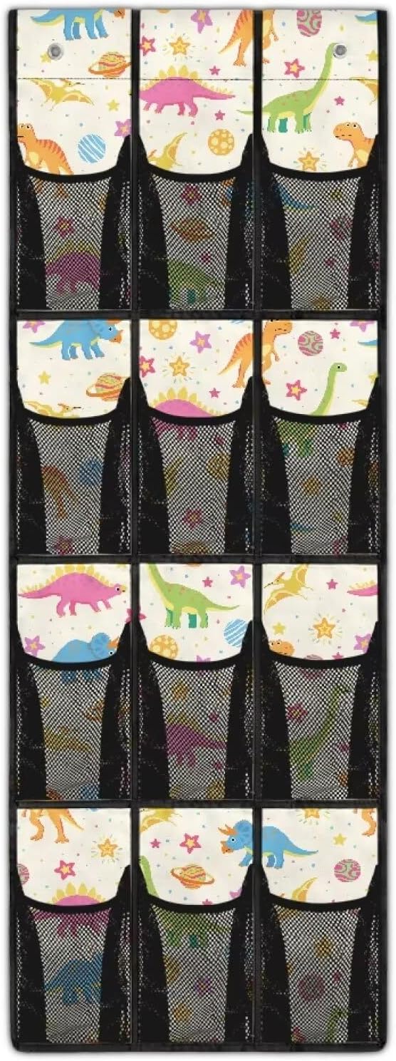 Multi-Functional Over the Door Organizer with 12 Mesh Pockets, Storage Hanging Bag Behind the Door for Shoes Accessories Cleaning Supplies for Home Office Use, Cartoon Dinosaur