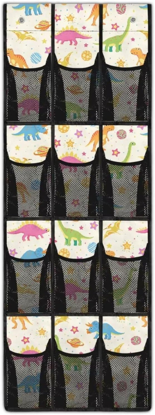 Multi-Functional Over the Door Organizer with 12 Mesh Pockets, Storage Hanging Bag Behind the Door for Shoes Accessories Cleaning Supplies for Home Office Use, Cartoon Dinosaur