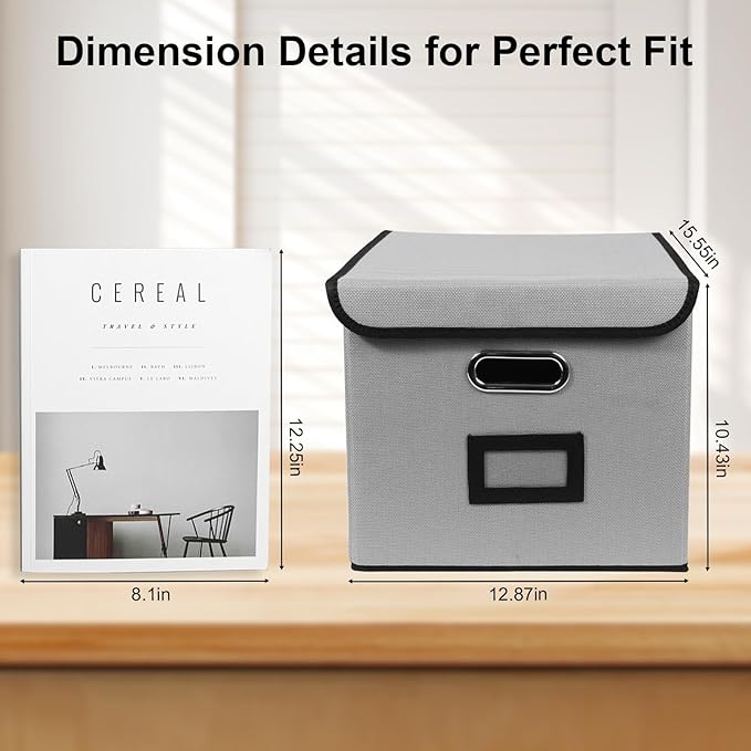 File Storage Box with Lid, 15.55x12.87x10.43 Inches, Foldable Organizer with Handles & Label Slot, for File Storage, Home, Office, and Closet Organization(4 Packs, Grey)
