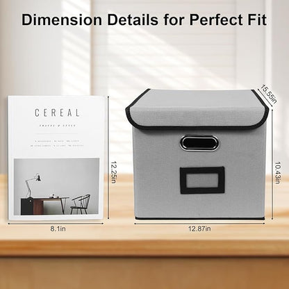 File Storage Box with Lid, 15.55x12.87x10.43 Inches, Foldable Organizer with Handles & Label Slot, for File Storage, Home, Office, and Closet Organization(4 Packs, Grey)