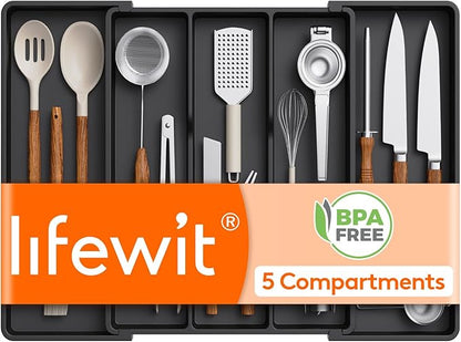 Lifewit Utensil Organizer for Kitchen Drawers, Expandable Cooking Utensil Tray, Adjustable Cutlery Silverware Flatware Holder, Plastic Spatula Tools Storage Divider, 16- 28 x 18.5", Black