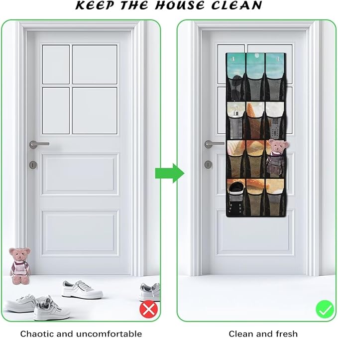 Beach Starfish Over The Door Shoe Organizer, 12 Mesh Pockets Waterproof Hanging Rack for Bathroom Toiletries & Beach Gear, Space Saving for Vacation Homes