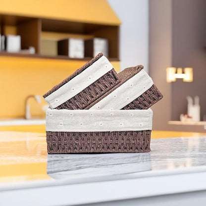 GIB Wicker Woven Storage Baskets with Lids Set of 3 Size, Decorative Paper Rope Small Nesting Baskets Removable Liner Container Bins for Shelves Pantry Table Keys Gifts Makeup Organizer, Brown