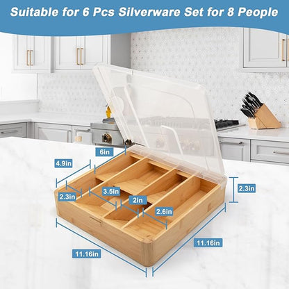 Bamboo Kitchen Drawer Organizer, Silverware Utensil Tray Holder, Extra Deep Grooved Drawer Divider, 7 Slots Total Bamboo Wood Caddy for Flatware Cutlery Knives, Forks, Spoons Eco-Friendly