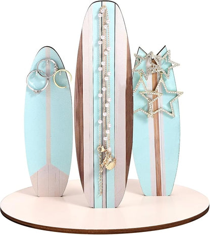 Surfboard Jewelry Holder Stand, Wooden Ocean Beachy Themed Necklace Bracelet Organizer Coastal Beach Christmas Decor Accessories for Women Hawaii Surfer Room Gift (Blue)