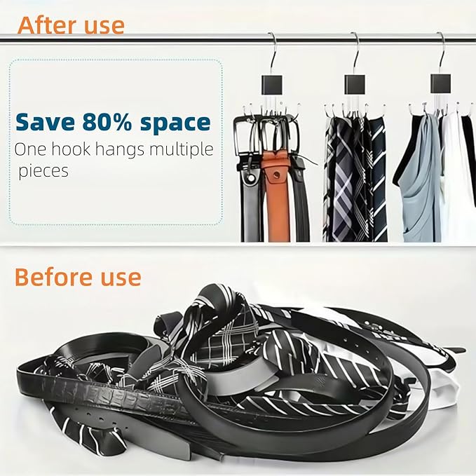 2Pcs Belt Hanger with Wood, 360° Rotatable Belt Organizer | Hold Up to 24 Belts – Hanging Holder Storage Hook for Belt, Bra, Tie, Scarf, Purse & Tank Tops