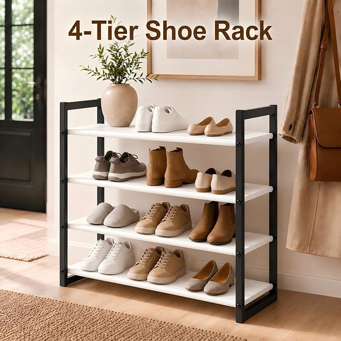 4-Tier Shoe Rack for Closet & Entryway, Stackable Shoe Organizer with Screw-Fastened Metal Frame, Less Wobble Design, Heel-Friendly Non-Woven Shelves, 11.8" Deep Space-Saving Shoe Storage Black