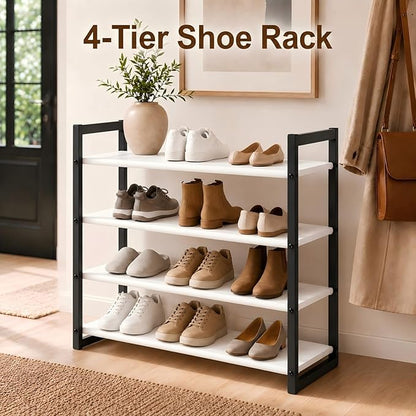 4-Tier Shoe Rack for Closet & Entryway, Stackable Shoe Organizer with Screw-Fastened Metal Frame, Less Wobble Design, Heel-Friendly Non-Woven Shelves, 11.8" Deep Space-Saving Shoe Storage Black