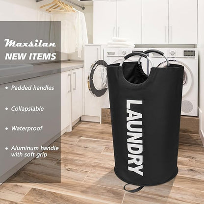 Maxsilan 90L Large Laundry Basket, Freestanding Tall Clothes Hamper, Collapsible Laundry Bag, Black