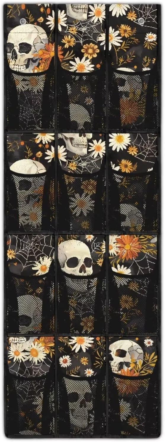 Skull Flowers 12-Pocket Over Door Hanging Shelves - Adjustable Compartments for Spices, Snacks, Cosmetics - Easy No-Tools Assembly