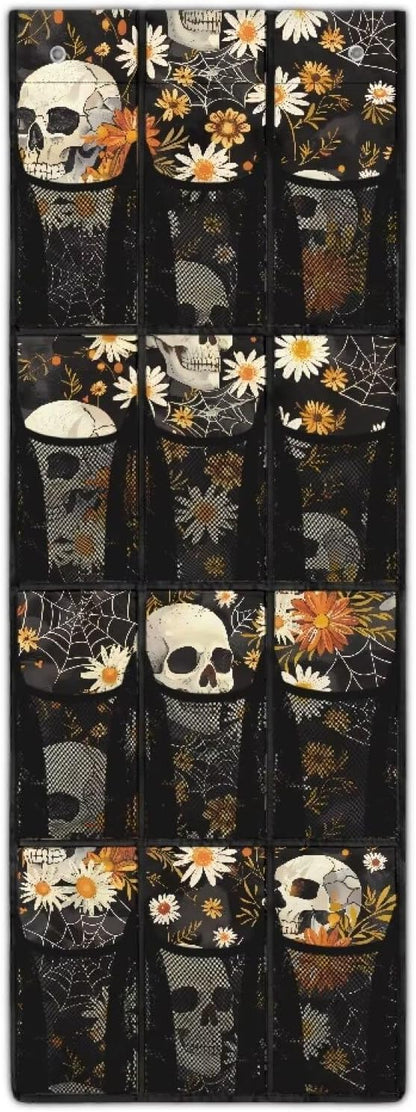 Skull Flowers 12-Pocket Over Door Hanging Shelves - Adjustable Compartments for Spices, Snacks, Cosmetics - Easy No-Tools Assembly