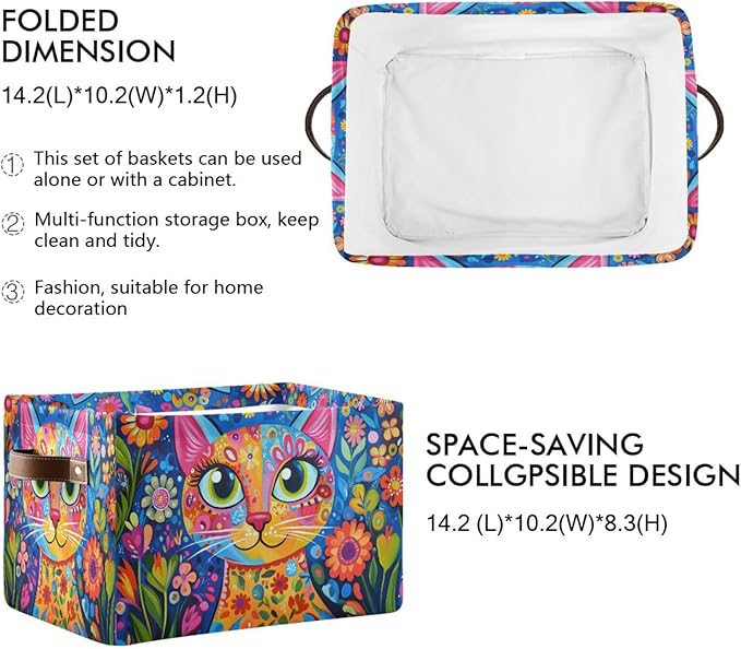 Large Storage Basket Colorful Cat Whimsical Style Storage Bin Cube Canvas Fabric Organizer Handles Collapsible for Clothes Toys Bedroom Decorative