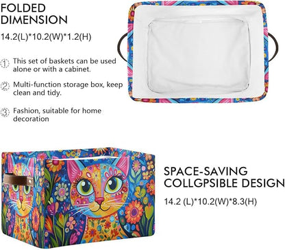 Large Storage Basket Colorful Cat Whimsical Style Storage Bin Cube Canvas Fabric Organizer Handles Collapsible for Clothes Toys Bedroom Decorative