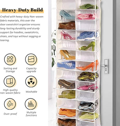 Sweatshirt Organizer, Over The Door Sweatshirt Organizer Hanging Clear Door Shoe with 26 Pocket Foldable Heavy Duty Toy Storage
