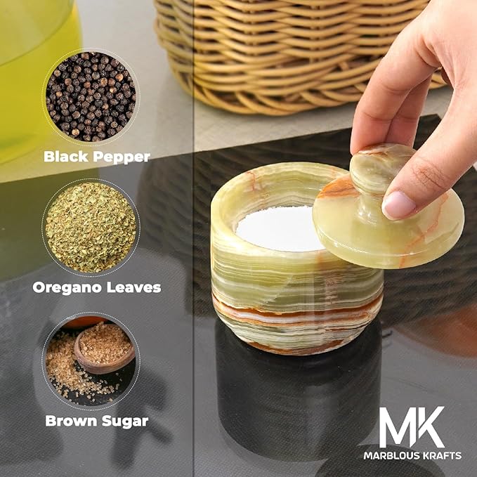 MARBLOUS KRAFTS Marble Salt Cellar with Lid 3" Inch Green Onyx Stone Salt Holder for Counter & Stone Salt Container, Salt Dish, Salt Box & Spice Jar, Ideal Mother’s Day Gift, Home Decor
