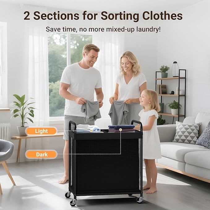 ELYKEN Laundry Hamper 2 Section, 100L Rolling Laundry Sorter with Removable Liner Bag, Laundry Basket with Wheels, Steel Frame with Metal Handle, Clothes Hamper Cart for Laundry Room & Bedroom