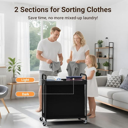 ELYKEN Laundry Hamper 2 Section, 100L Rolling Laundry Sorter with Removable Liner Bag, Laundry Basket with Wheels, Steel Frame with Metal Handle, Clothes Hamper Cart for Laundry Room & Bedroom