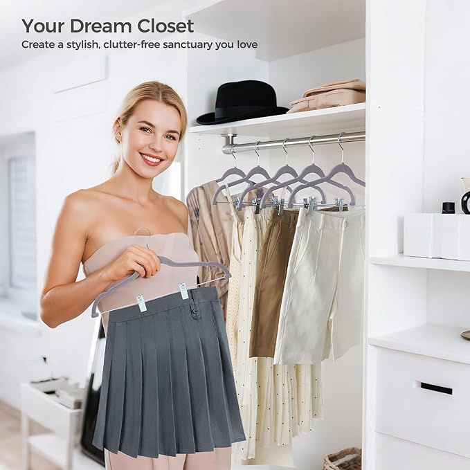 HOUSE DAY Velvet Hangers with Adjustable Clips 30 Pack, Non-Slip Suit Organizer with 360° Hook - Heavy Duty Hanger for Pants, Skirts, Blouses, Dresses - Outfit Hangers All-Season Space Saver (Grey)