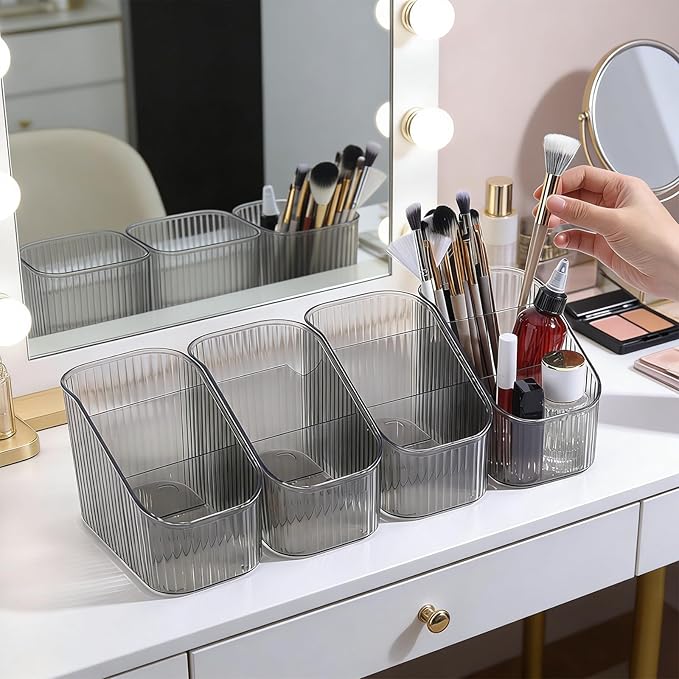 4 Pcs Vintage Striped Make Up Brush Holder, 3 Slot Makeup Brush Cup Large Capacity Makeup Brush Holder Cosmetic Display Case for Vanity Decor Hairbrush Bathroom Countertop Organizer, Gray