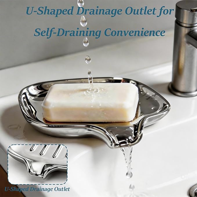 Silver-Plated Ceramic Soap Dish, Self-Draining Bar Soap Holder with U-Shaped Drainage, Decorative Soap Tray for Bathroom Shower & Kitchen Sink