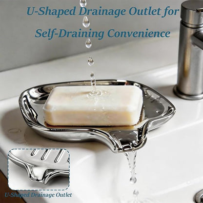 Silver-Plated Ceramic Soap Dish, Self-Draining Bar Soap Holder with U-Shaped Drainage, Decorative Soap Tray for Bathroom Shower & Kitchen Sink