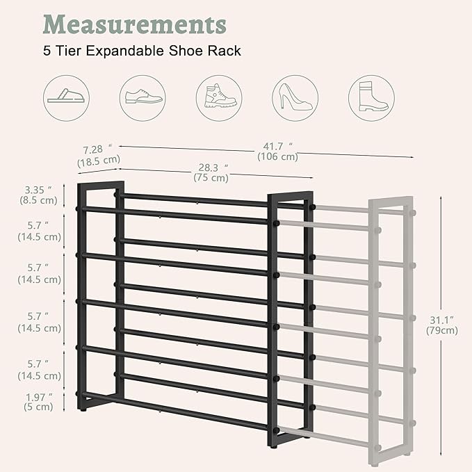 FAVOOSTY 5-Tier Expandable Shoe Rack, Adjustable Shoe Shelf Storage Organizer Space Saving Metal Free Standing Shoe Rack for Entryway Closet Doorway, Silver Grey (Black, 5 Tier)