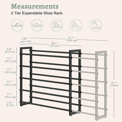 FAVOOSTY 5-Tier Expandable Shoe Rack, Adjustable Shoe Shelf Storage Organizer Space Saving Metal Free Standing Shoe Rack for Entryway Closet Doorway, Silver Grey (Black, 5 Tier)