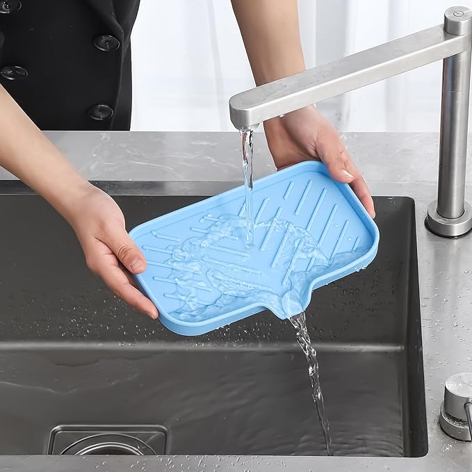 MicoYang Silicone Bathroom Soap Dishes with Drain Spout-Bathroom and Kitchen Sink Organizer,Sponge Holder,Dish Soap Tray,Perfect for Dispenser,Scrubber,Bottle on Sink or Counter-Light Blue 9.6"×5.3"