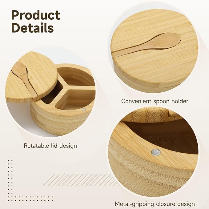 3 Compartment Wood Spice Jar, Salt and Pepper Holder with Rotating Lid & Spoon, Dustproof Condiment Container for Kitchen Countertop, Versatile Spice Cellar for Home Cooking, Picnic, BBQ, Restaurant