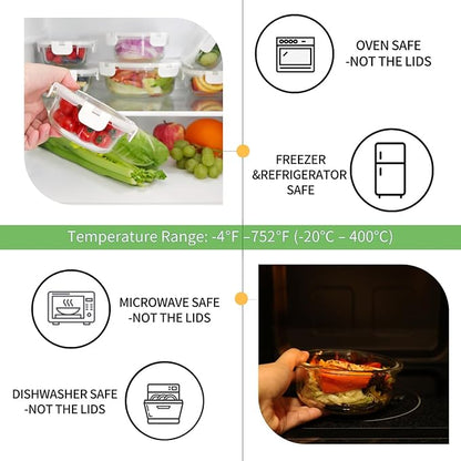 HOMBERKING Glass Food Storage Containers with Lids, [18 Piece] Meal Prep Containers, Airtight Lunch Bento Boxes (9 lids & 9 Containers) - White