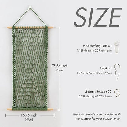 Pretty Jolly Hanging Jewelry Mesh Organizer Macrame Wall Mounted Necklaces Storage Earring Display Rack Girls Hair Clips Hanger with 20 Pieces S Shape Hooks for Bracelets,Necklace and Rings(Green)